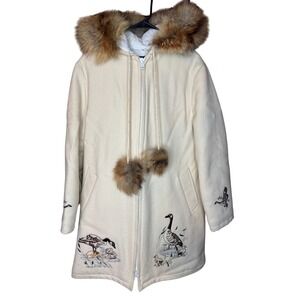 Northern Sun Cream Size 12 Embroidered Goose Fur Hooded Wool Coat Women's